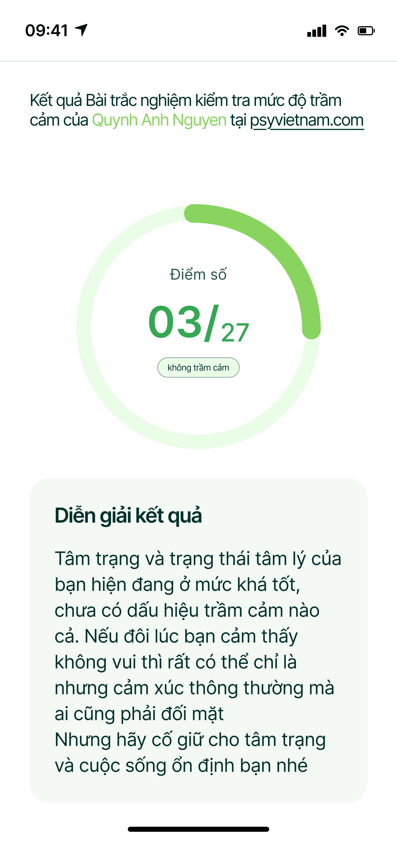 Kết quả trắc nghiệm tâm lý