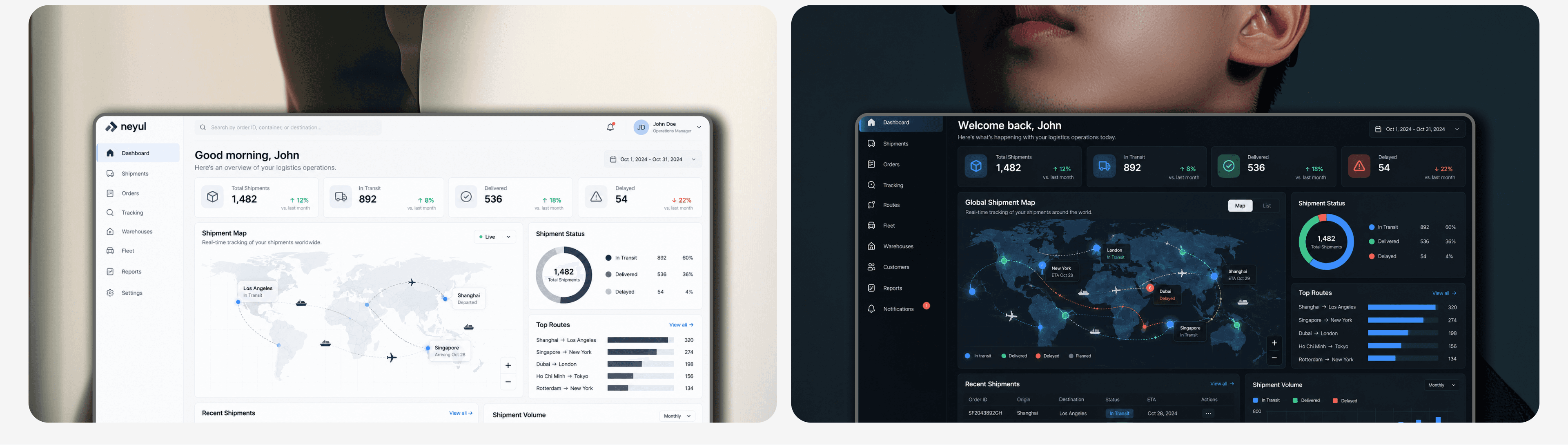 Giao diện dashboard logistics sáng và tối với bản đồ theo dõi vận chuyển toàn cầu
