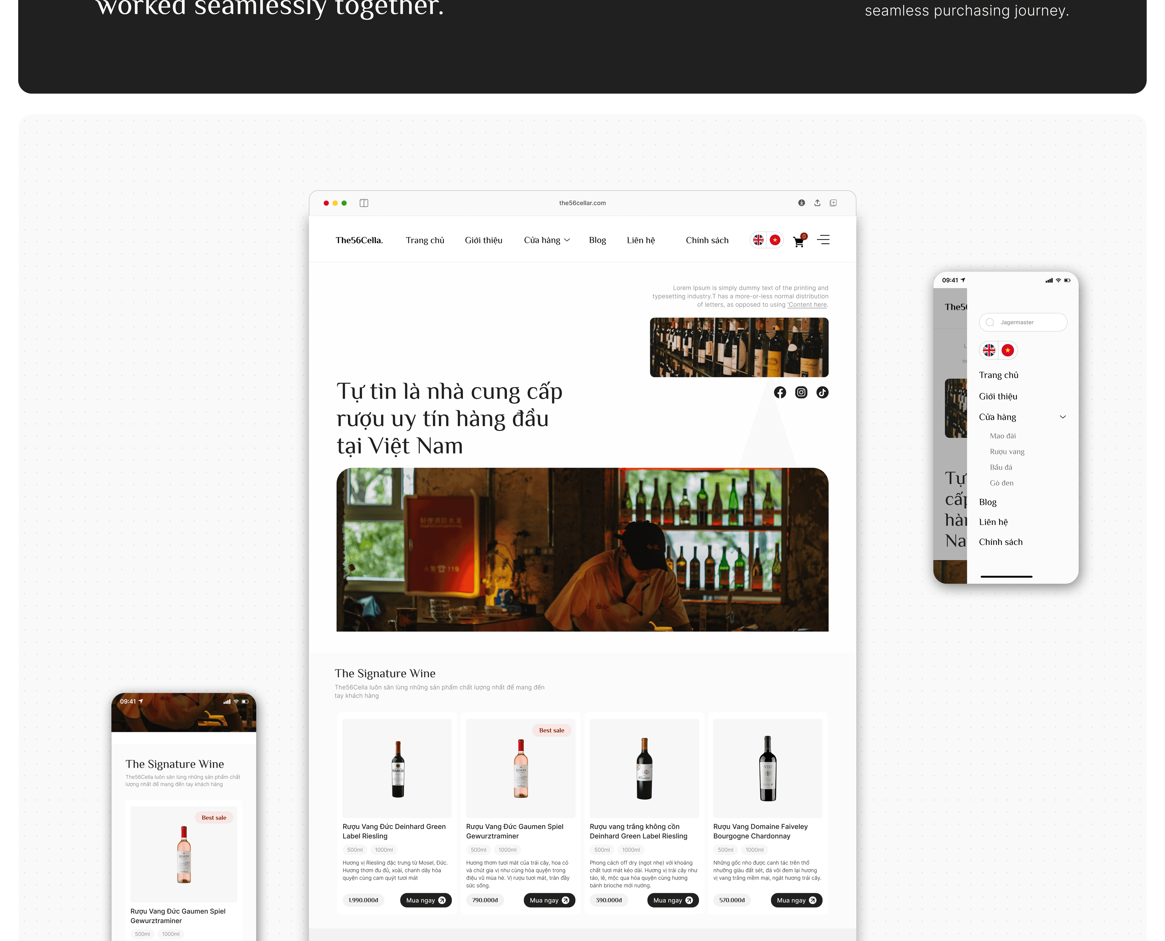 Giao diện trang chủ The56Cellar trên desktop và mobile